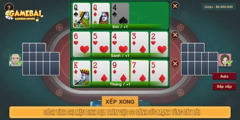 Cách tính chi mậu binh dựa trên việc so sánh sức mạnh từng cây bài